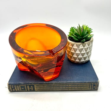 Vintage Viking Glass Persimmon Epic Line, Orange Glassware, Large Slanted 3 Footed Ashtray, Retro Glass 