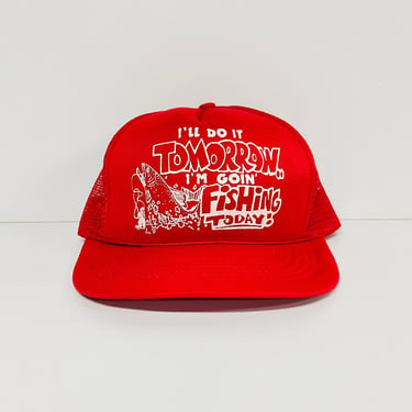 Vintage Trucker Hat / Humorous Fishing / 1980 / Red / FREE SHIPPING. 