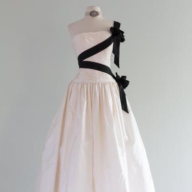 Dramatic Chanel Inspired Silk Wedding Party Dress With Black Sash / Medium