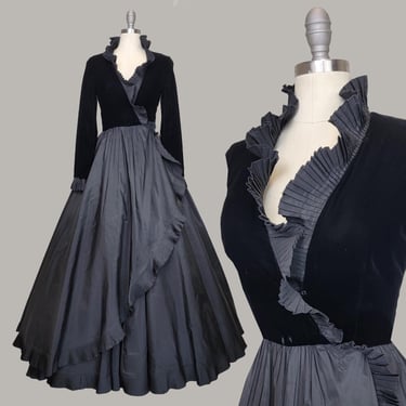 1970s Albert Capraro Gown / Couture Gown / Black Velvet Dress / Ruffle Gown / Size Small 