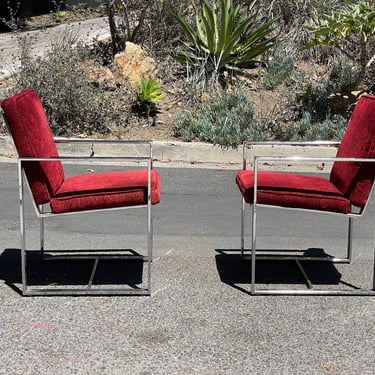 Pair of Milo Baughman Chrome Side Chairs – Red Corduroy 60s 