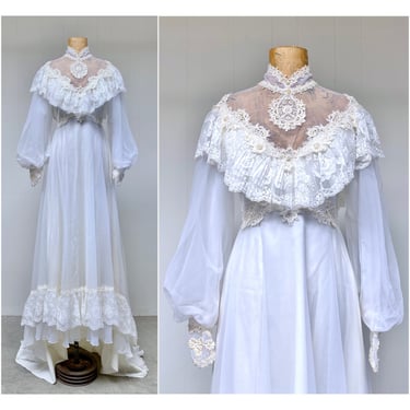 Vintage 1970s Victorian Style Chiffon Lace Wedding Dress, Empire Waist Bridal Gown w/Long Train , Small 34