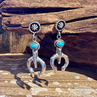 GARY SHORTY HORSESHOE Kingman Turquoise & Sterling Silver Stud Earrings | Navajo Handmade Dangles | Native American Southwestern Jewelry 