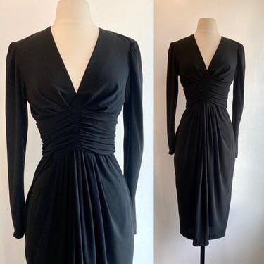 Sexy Vintage 80s RUCHED RIMINI Party Dress / Slinky Jersey / Puff Shoulder 