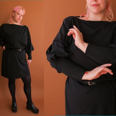 Vintage 80s Mutton Sleeve Black Dress/ 1980s Long Sleeve Shift Dress/ Size XL 