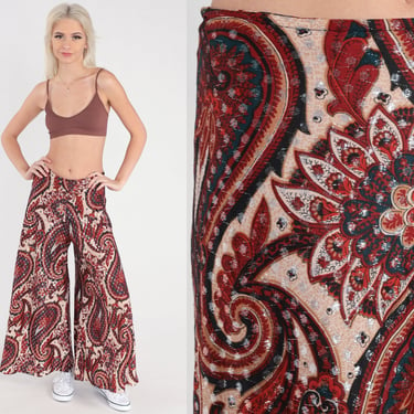 Paisley Bell Bottom Pants 70s Metallic Psychedelic Pants Bohemian Hippie Trousers High Waisted Boho Festival Wide Leg Red Cream Small 