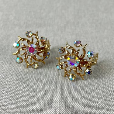 Round floral rhinestone clip on earrings - 1960s vintage 
