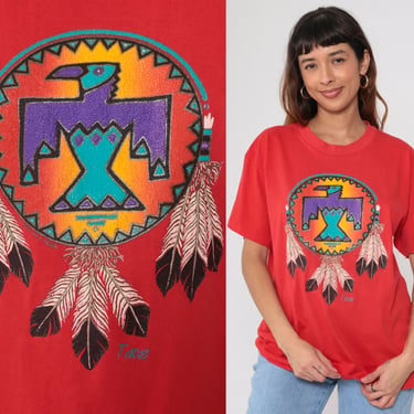 Vintage Taos New Mexico Shirt Native American Glitter Eagle Graphic Tee Travel Southwestern Retro Sparkly Dream Catcher 1990s Red Large L 
