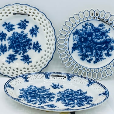 Set of (3) Basic Porcelana Decorative Plates Home Essentials & Beyond White Blue Reticulated 