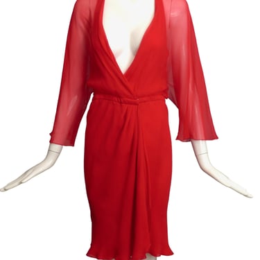 HALSTON- AS IS 1970s Red Chiffon Wrap Dress, Size