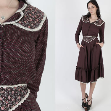 Gunne Sax Burgundy Calico Blouse, Jessica McClintock Maroon Floral Skirt, Matching Boho Separates 2 Piece Set - Size 7 