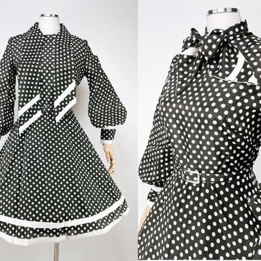 Vintage 1970's Brown & White Polka Dot Dress by Richard Shops / Bubble Sleeves, Pussy Bow, Circle Skirt, Rockabilly, Studio 52, Pop Art, UK 