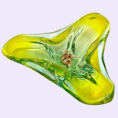 Vintage Murano Bowl Retro 1970s Mid Century Modern + Handblown + Art Glass + Green + Triangular + Star Bottom + MCM Home Decor + Decoration 