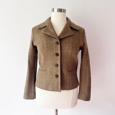 SIZE L Plaid Tweed Blazer / Fitted Women's Blazer / 4 Button Short Jacket / Professor Sport Coat Wool Brown English Equestrian CHAPS 