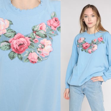 Floral Cat Sweatshirt 90s Garden Kitten Sweater Baby Blue Floral Cat Sweatshirt 90s Garden Kitten Sweater Baby Blue