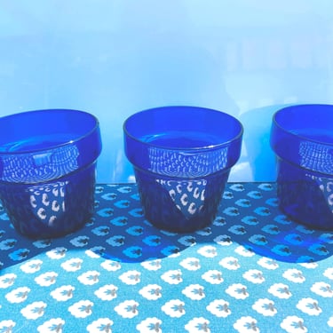 Set of 3 Vintage Libbey Duratuff Cobalt Blue USA Flower Pot Facets 3 1/2