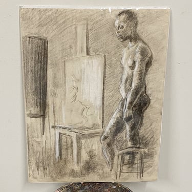 African American Charcoal Drawing from 1970s - Man Standing in Retrospection - 24