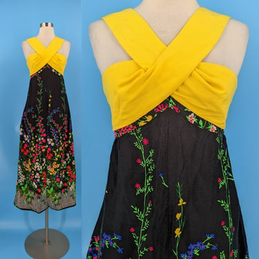 Vintage Seventies XXS Cross Front Halter Maxi Dress with Floral Boarder Print 