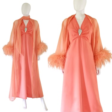 AMAZING 1960s Coral Peach Rhinestone Evening Gown with Marabou Feather Evening Coat - 1960s Evening Gown - Vintage Peach Dress | Size Small 
