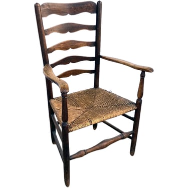 English Georgian Oak and Elm Rush Seat Ladderback Carver Armchair