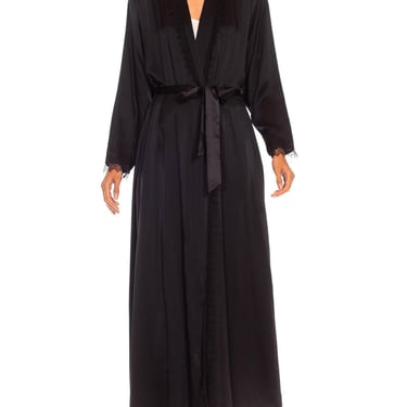 1980S Black Silk Charmeuse Satin Robe With Zigzag Lace Trim 