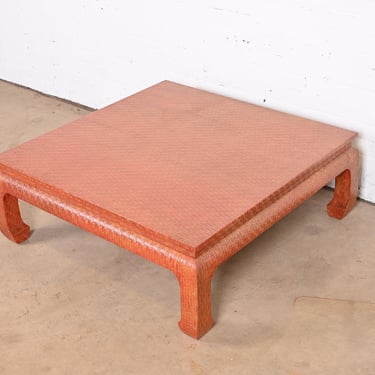 Baker Furniture Mid-Century Modern Hollywood Regency Red Lacquered Grasscloth Coffee Table