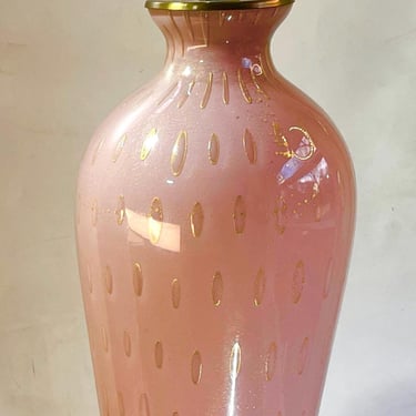 Mid-Century Murano Glass Table Lamp, Pink with Gold Aventurine and Foliate Detail, Italy 