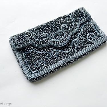 1950s Black & Blue Beaded Clutch | 50s Pale Blue Seed Bead Clutch 