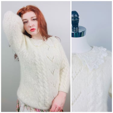 1980s Vintage Jennifer Reed Cream Wool Sweater / 80s Lace Collar Cable Knit Acrylic Knit Jumper / Size Small - Large 