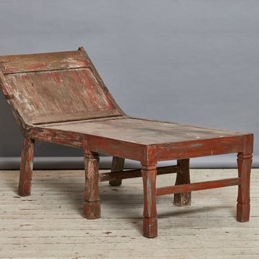 Dutch Colonial Teak Chaise from Sumatra with Traces of Red Paint