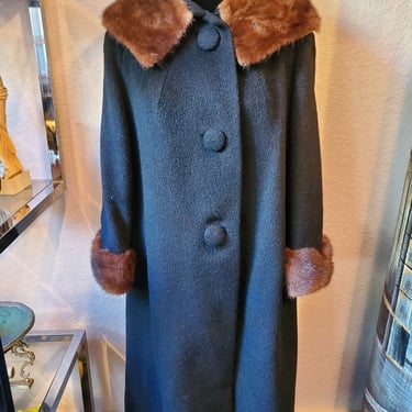 Vintage Wool Coat, Wool Coat, Mink Fur Trim Coat, Black Wool Coat, Steven Forstmann, 1960's Coat 