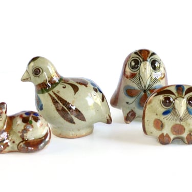 Set of Four Signed Jorge Wilmot Hand Painted Mexican Tonalá Figurines Stoneware Pottery - Folk Art - Owl Fox Chic Figures 