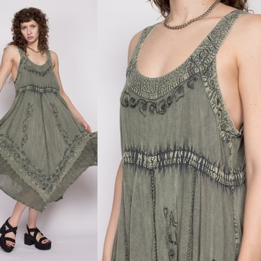 XL 90s Boho Sage Green Embroidered Sundress | Vintage Indian Rayon Scarf Hem Hippie Midi Dress 