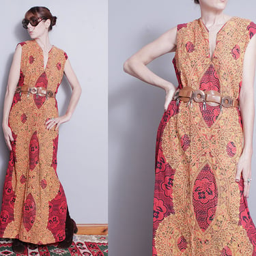 Vintage 1970's | Red & Yellow | Floral | Ethnic | Cotton | Maxi Dress | L 