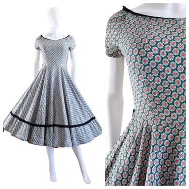 1950s Joan Miller Green & Peach Mid Century Print Fit and Flare Dress - 1950s Cotton New Look Dress - 1950s Fit and Flare Dress | Size Small 
