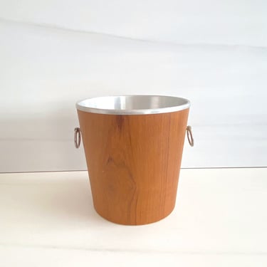 Vintage Mid Century Modern Barware Teak Wood and Aluminum Ice Bucket w Ring Handles 1960s Barware SERVEX Sweden 