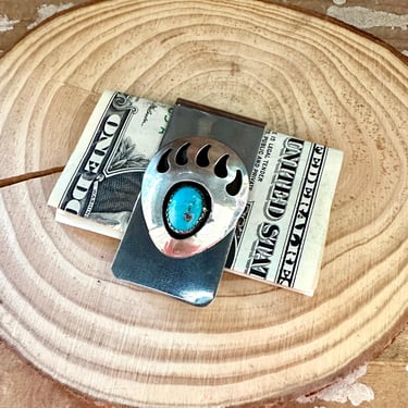 BEAR CLAW Native Turquoise Silver Money Clip | Zuni Silver Inlay Bear Claw | Tin Clip | Native American, Southwestern Style 