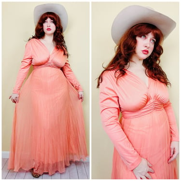 1970s Vintage JC Penney Peach Long Sleeve Maxi Dress / 70s Chiffon Peach Skirt Goddess Evening Gown / Large 