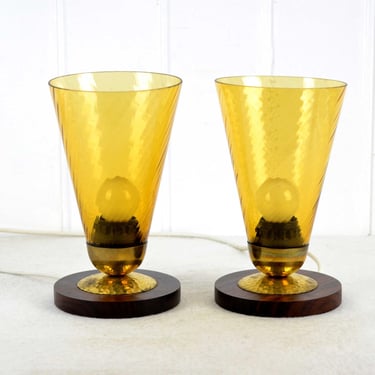 2 table lamps with rosewood base Art Deco 30s glass shade turned lamp vintage lamp design table lamps light 