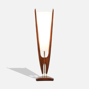 California Modern Sculpted Walnut & Brass Lamp with New Linen Shade for Modeline