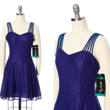 Vintage 1990s Party Dress | 90s Deadstock ALL THAT JAZZ Iridescent Blue Strappy Sweetheart Neckline Fit and Flare Mini Dress (x-small/small) 