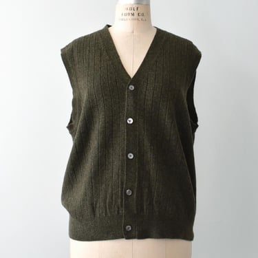 Vintage Wool Sweater Vest, Olive Green, L / XL 