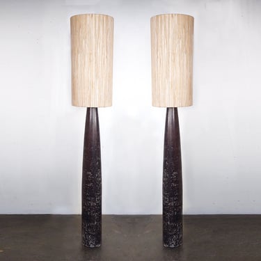 Pair (2) Cigar Floor Lamps with Natural Woven Shades 