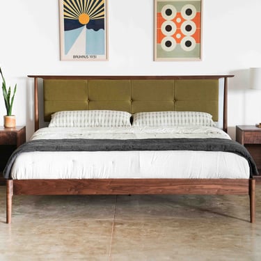 Mid Century Modern Upholstered Headboard Platform Bed / storage Bed Optional / Solid Walnut Maple Cherry White Oak Bed Frame Pendleton Wool 