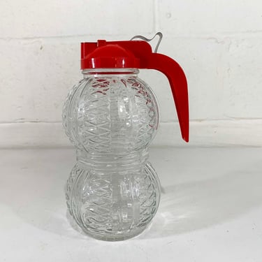 Vintage Large Glass Pitcher Medco Spring Lid Syrup Container Red Handle Mid Century Mid-Century Kitchen Home Retro 1960s 