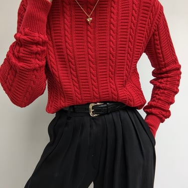 Vintage Cherry Cable Knit Cotton Mock Neck