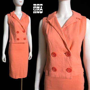 Sexy Vintage 60s Peachy Coral Sleeveless Top & Pencil Skirt Set 
