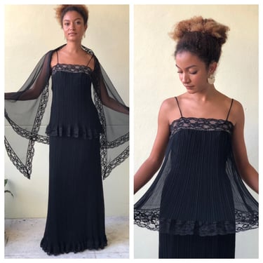 1980's Marita by Anthony Muto Dress / Black Fortuny Pleated Column Dress with Sheer Chiffon Lace Shawl Wrap / Holiday Party Evening Gown 