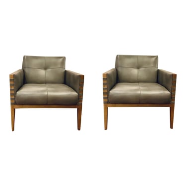 Modern Gray Leather Club Chair Pair