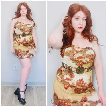 Y2K Wild Cat Mustard and Rust Mesh Mini Dress / Vintage Tattoo Floral Print Stretch Body Con Dress / Size Large 